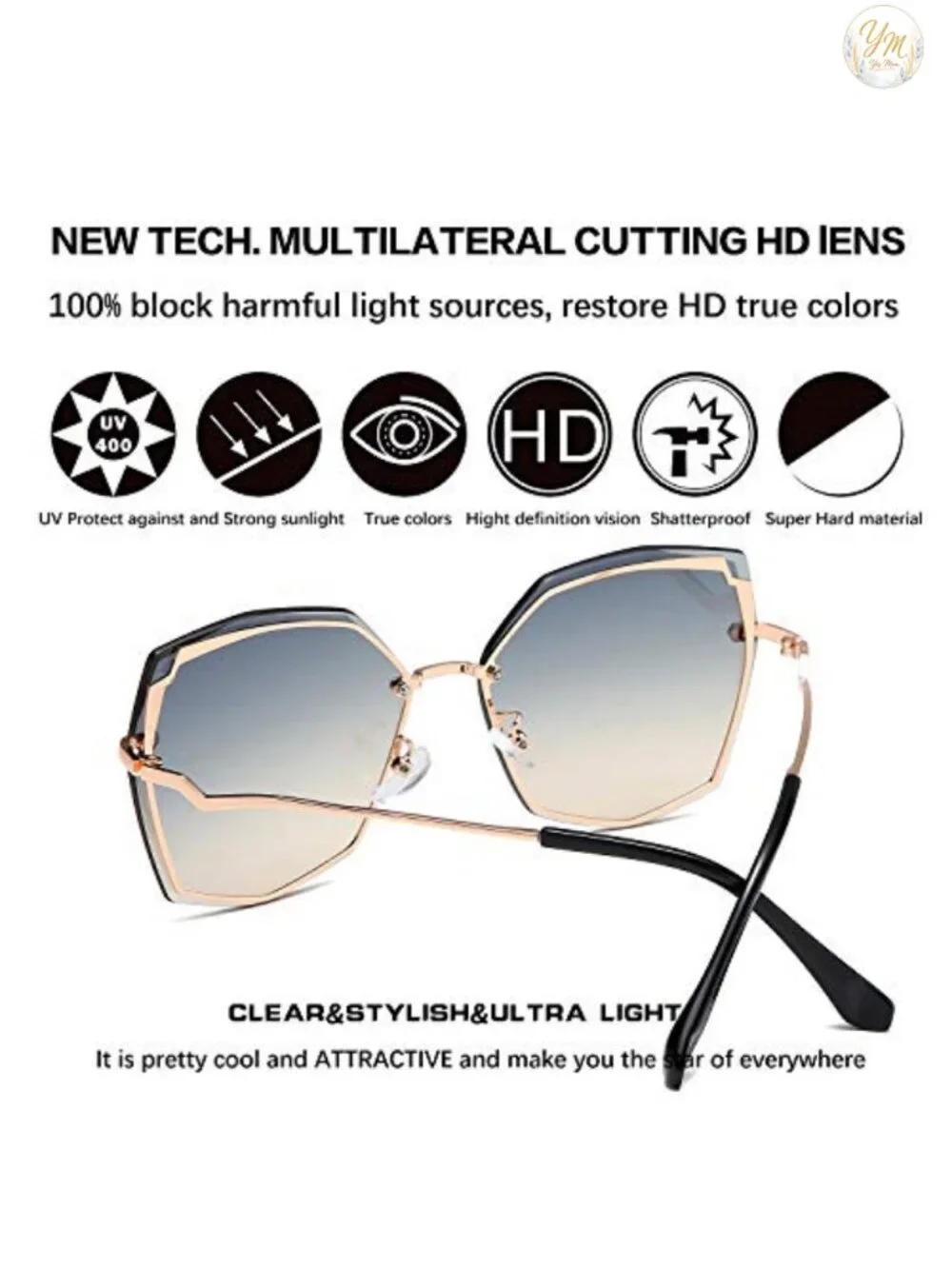 Trendy Polygon Oversized Gradient Sunglasses Metal Frame UV400
